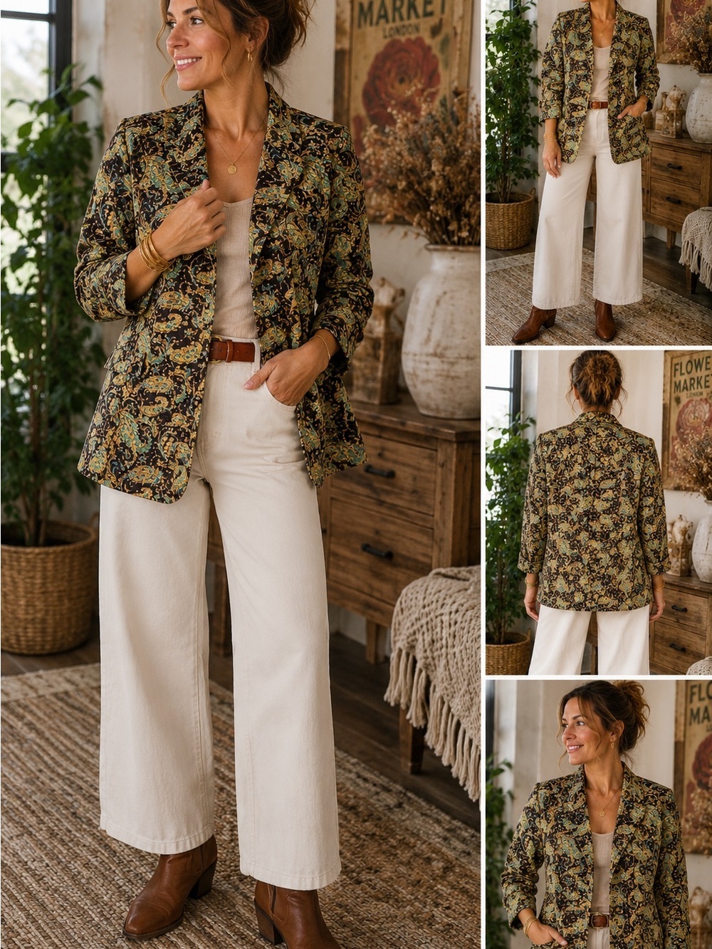 Silk Land Paisley Quilted Blazer Jacket Brown Teal Gold Lightweight Boho Chic